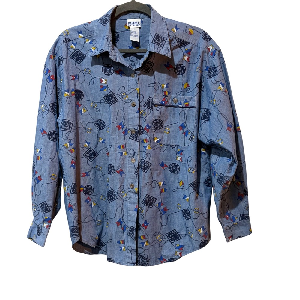 Vintage Koret City Blues Button Up Shirt Womens Large Blue Nautical Denim 90s